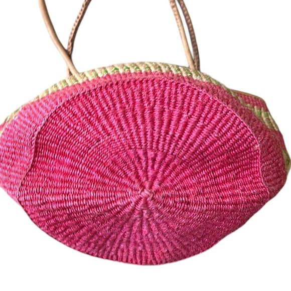 Kenyan Pink Green Tan Hand Woven Sisal & Leather Beaded Straw Zipper Tote Bag - Picture 9 of 15